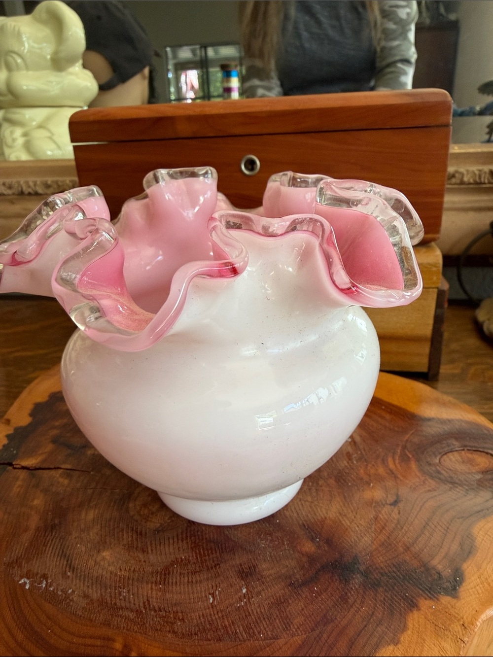 Pink and White Ruffled Glass Vase - Unbranded